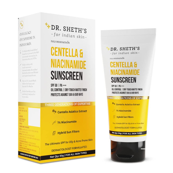 Dr. Sheth's Centella & Niacinamide Sunscreen SPF 50 - Perfect for Oily & Acne-Prone Skin