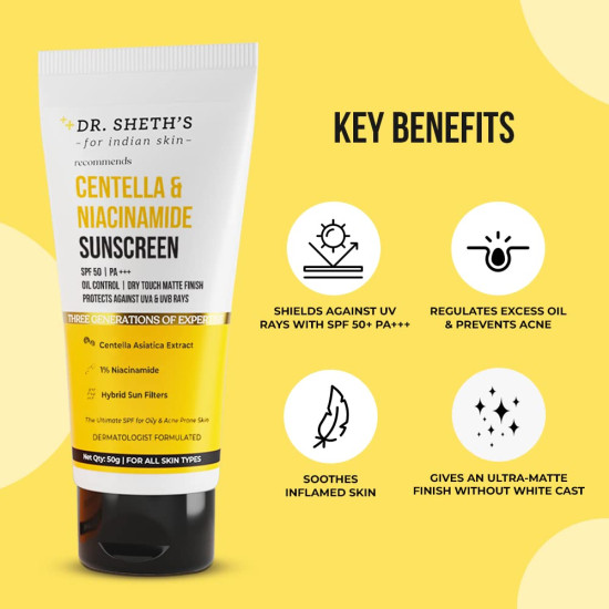 Dr. Sheth's Centella & Niacinamide Sunscreen SPF 50 - Perfect for Oily & Acne-Prone Skin