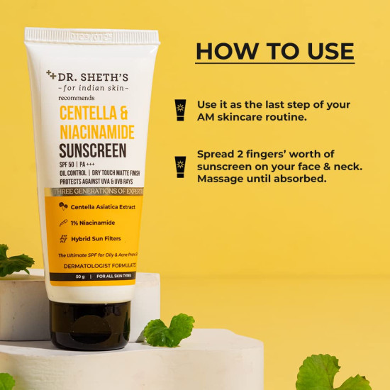 Dr. Sheth's Centella & Niacinamide Sunscreen SPF 50 - Perfect for Oily & Acne-Prone Skin
