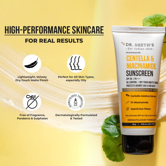 Dr. Sheth's Centella & Niacinamide Sunscreen SPF 50 - Perfect for Oily & Acne-Prone Skin