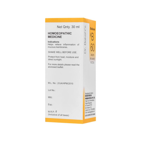 Dr. Bakshi's BAKSON'S HOMOEOPATHY # B 60 Inflammed Mucosa Drops - Relieve Mucous Membrane Inflammation