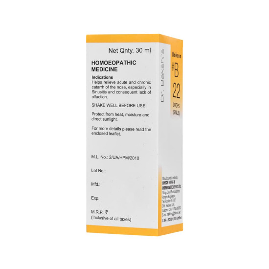 Dr. Bakshi's BAKSON'S HOMOEOPATHY # B 22 Sinus Drops - Effective Sinusitis Relief