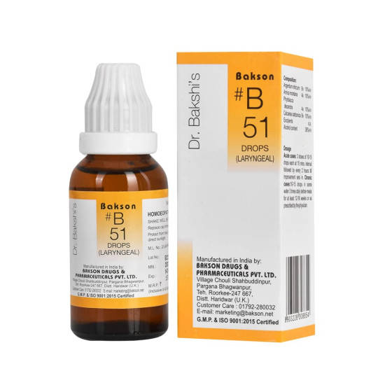 Dr. Bakshi's BAKSON'S HOMOEOPATHY # B 51 Laryngeal Drops - Natural Relief for Hoarseness