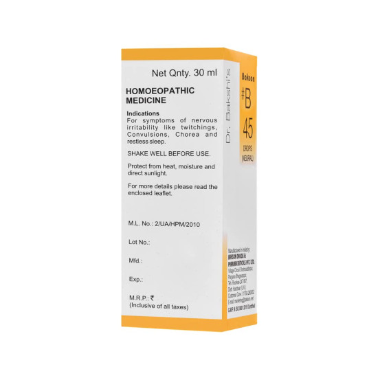Dr. Bakshi's BAKSON'S HOMOEOPATHY # B 45 Neural Drops - Natural Remedy for Nervous Irritability