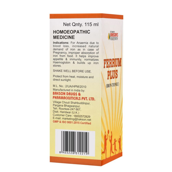 Dr. Bakshi's BAKSON'S HOMOEOPATHY Ferrum Plus Syrup 115ml - Iron Utilization & Digestion Support