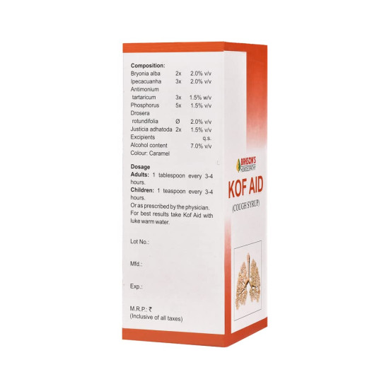 Bakson's Homoeopathy Kof Aid Syrup 60ml - Natural Cough Relief Pack of 2