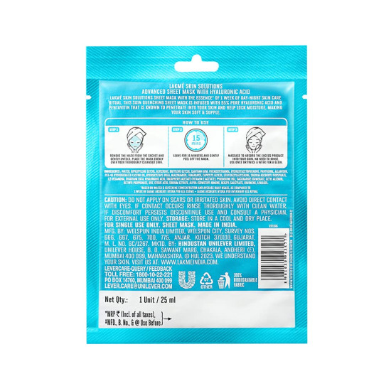 LAKMÉ Solutions Sheet Mask Hydrating with Hyaluronic Acid 25ml - Instant Glow