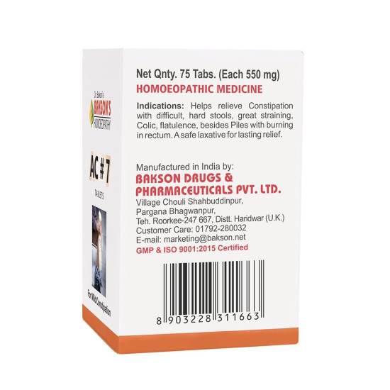 Dr. Bakshi's BAKSON'S HOMOEOPATHY AC#7 TABLETS - Constipation Relief