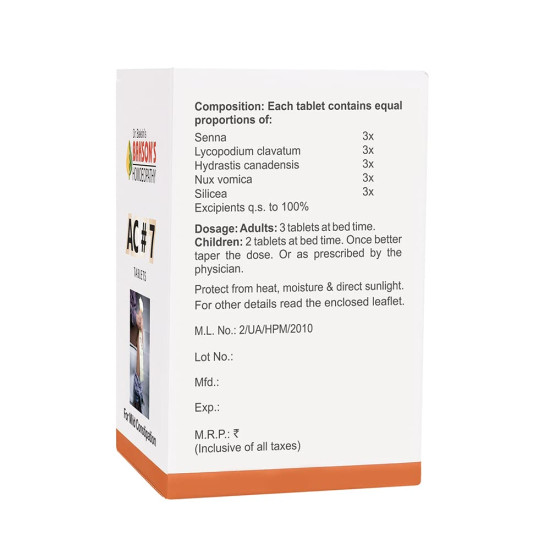 Dr. Bakshi's BAKSON'S HOMOEOPATHY AC#7 TABLETS - Constipation Relief