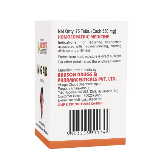 Dr. Bakshi's Bakson's Homeopathy Mig Aid Tablets - Effective Headache Relief