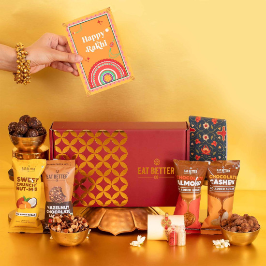 Anmol Rakhi Gift Hamper - 7 Items Combo Pack - Chocolate Coated Almonds & Cashews