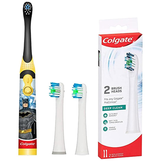 Colgate Batman Toothbrush for Kids & Pro-Clinical 150 Toothbrush Refills - Fun & Effective Cleaning