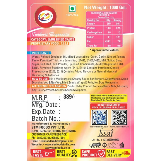 Am 2 Pm Tandoori Mayonnaise 1kg - Multipurpose Creamy Sauce