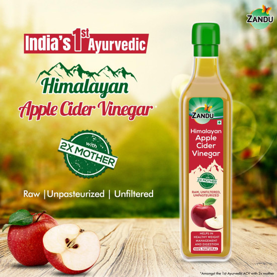 Zandu Himalayan Apple Cider Vinegar| Goodness of 2x Mother of Vinegar| Sourced from Himalayan Farms| Raw, Unfiltered & Unpasteurized Ayurvedic ACV 500ml