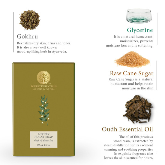Forest Essentials Luxury Sugar Soap - Oudh & Green Tea | Smooth & Soft Skin