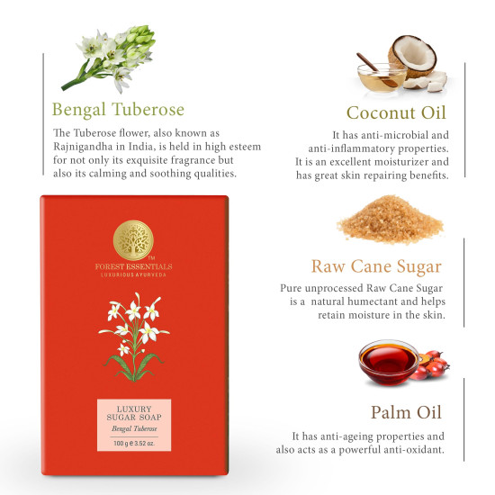 Forest Essentials Luxury Sugar Soap - Bengal Tuberose | Ayurvedic Handmade Organic Bath Soap