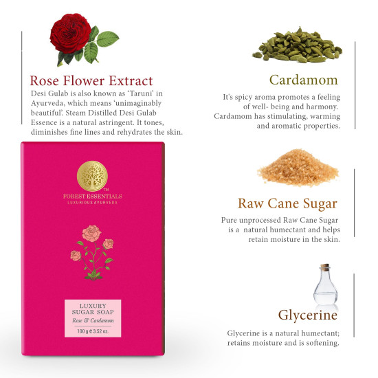Forest Essentials Luxury Sugar Soap - Rose & Cardamom, Ayurvedic Handmade