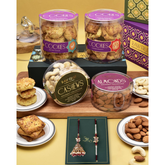 Padmini's Couture Bhaiya Bhabhi Rakhi Set - Elegant Gift Hamper with Dry Fruits & Cookies