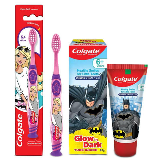 Colgate Batman Anticavity Toothpaste & Barbie Manual Toothbrush - Fun Oral Care for Kids