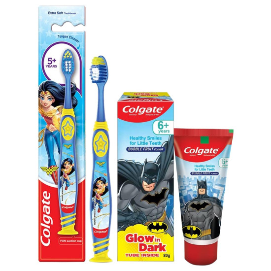 Colgate Batman Anticavity Toothpaste & Wonder Woman Toothbrush - Fun Dental Care for Kids