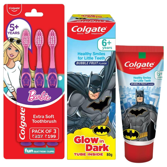 Colgate Kids Barbie Toothbrush & Batman Toothpaste - Extra Soft & Anticavity Protection