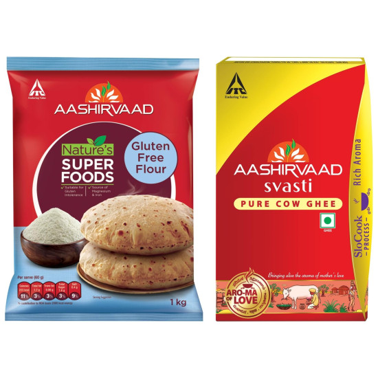 Aashirvaad Svasti Pure Cow Ghee & Aashirvaad Nature’s Superfoods Gluten Free Flour - Rich Aroma & Super Nutrition