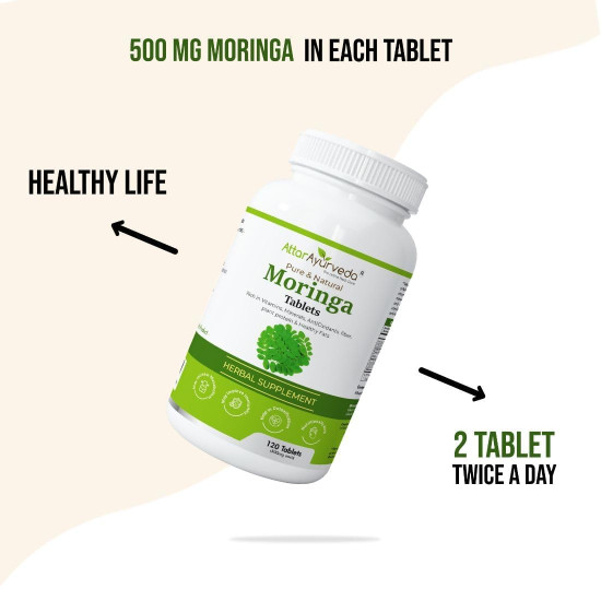 Attar Ayurveda Moringa Tablets 240 Tablets (120 x2, Pack of 2) 500 mg each | Drumstick Leaf Tablets | Pure and Natural, Highly Nutritious