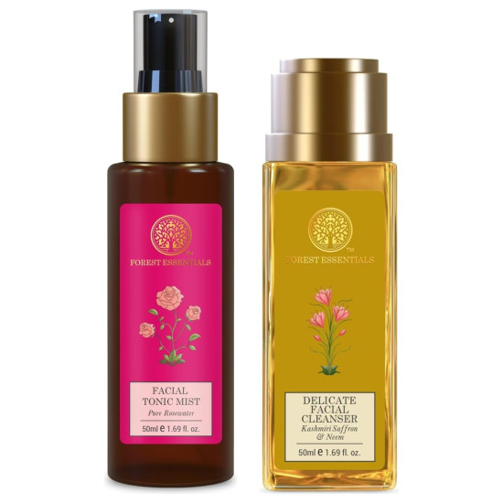 Forest Essentials Travel Size Facial Tonic Mist & Cleanser Combo - Pure Rosewater & Kashmiri Saffron