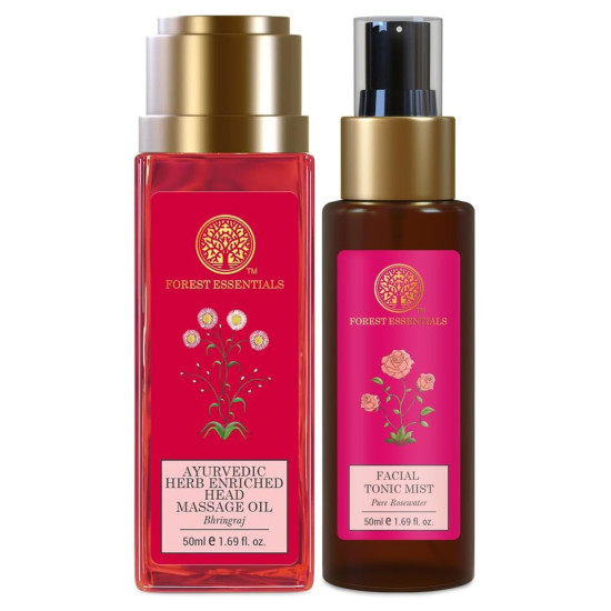 Forest Essentials Travel Size Facial Tonic Mist & Head Massage Oil Combo - Pure Rosewater & Bhringraj Forest Essentials Travel Size Facial Tonic Mist & Head Massage Oil Combo - Pure Rosewater & Bhringraj