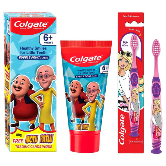 Colgate Kid's Motu Patlu Toothpaste & Barbie Toothbrush Combo - Fun & Cavity Protection Colgate Kid's Motu Patlu Toothpaste & Barbie Toothbrush Combo - Fun & Cavity Protection