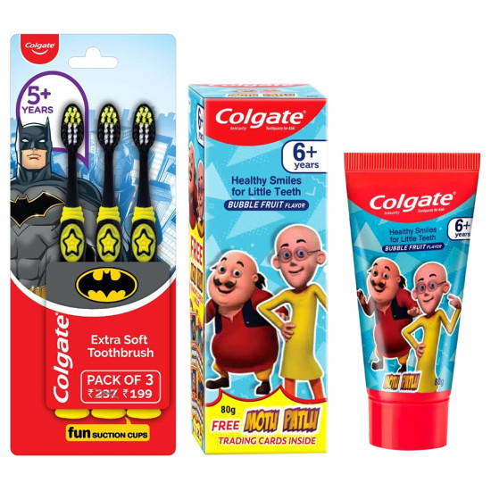 Colgate Kids Batman Manual Toothbrush & Motu Patlu Anticavity Toothpaste Combo - Fun & Effective Oral Care