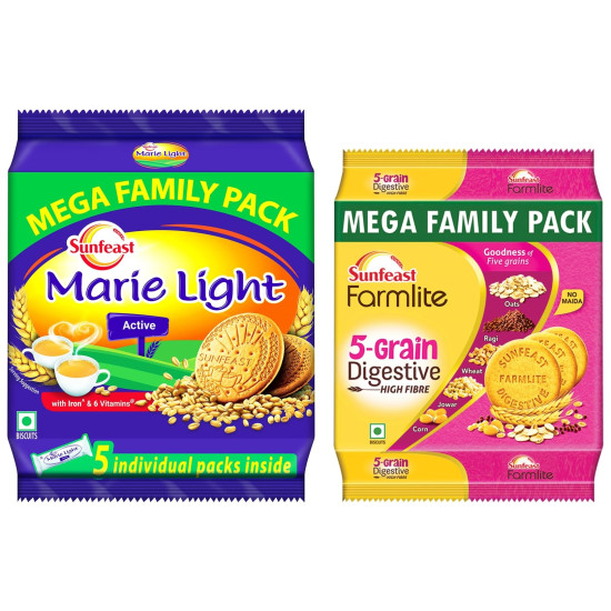 Sunfeast Farmlite 5 Grain Digestive Biscuit & Marie Light Active - High Fibre Multigrain Snack