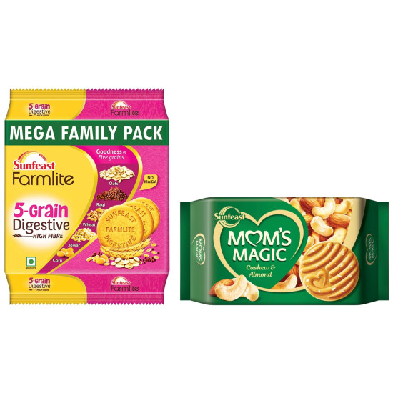 Sunfeast Farmlite 5 Grain Digestive Biscuit & Mom's Magic Rich Cashew Almond Cookies - High Fibre & Nutty Delight