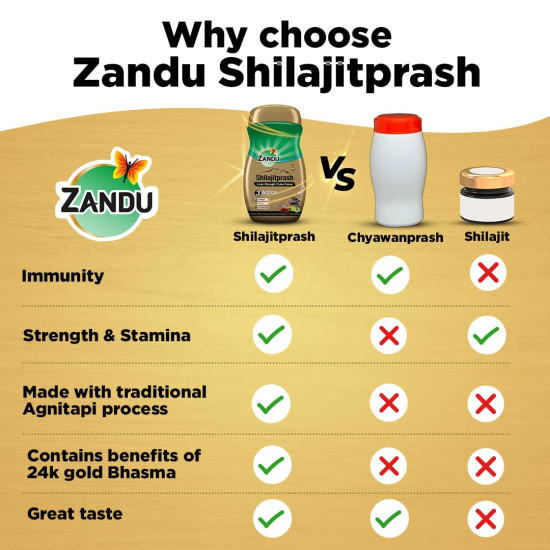 Zandu Shilajitprash | Dual Goodness of Chyawanprash & Shilajit/Shilajeet | Strength, Stamina & 2X immunity* | 450g I 24K Gold Bhasma & 47 Potent Herbs I No added sugar I 100% ayurdevic