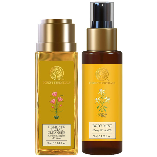 Forest Essentials Travel Size Body Mist Honey & Vanilla & Facial Cleanser Kashmiri Saffron & Neem Combo - Natural Skincare