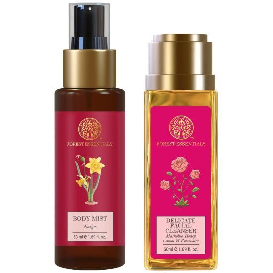 Forest Essentials Travel Size Body Mist Nargis & Delicate Facial Cleanser Mashobra Honey Combo - Organic & Eco-Friendly