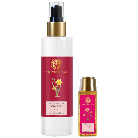 Forest Essentials Ultra-Rich Body Milk & Delicate Facial Cleanser Combo - Nourishing & Purifying Skincare