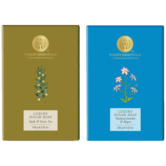 Forest Essentials Luxury Sugar Soap Combo - Oudh & Green Tea & Madurai Jasmine & Mogra - Natural Ayurvedic Formula