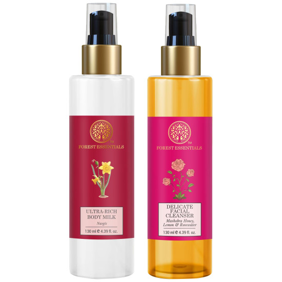 Forest Essentials Ultra-Rich Body Milk Nargis & Delicate Facial Cleanser Mashobra Honey Combo - Luxurious Organic Skincare