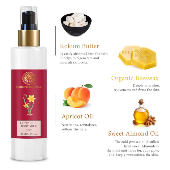 Forest Essentials Ultra-Rich Body Milk Nargis & Delicate Facial Cleanser Mashobra Honey Combo - Luxurious Organic Skincare