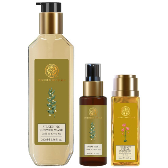 Forest Essentials Silkening Shower Wash, Facial Cleanser & Body Mist - Luxurious Skincare Trio