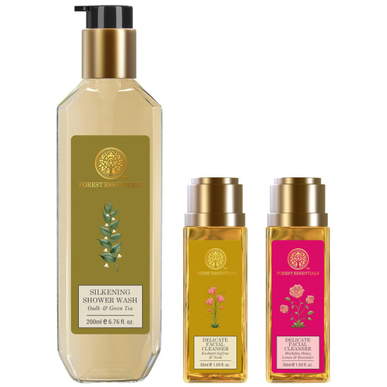Forest Essentials Silkening Shower Wash & Delicate Facial Cleansers - Luxurious Skincare Set