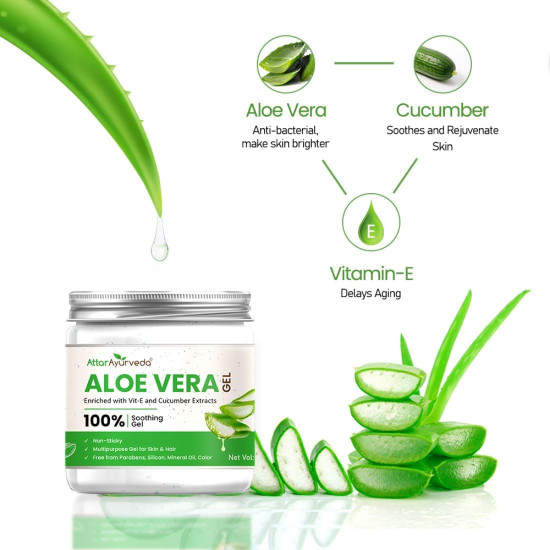 Attar Ayurveda Natural Aloe vera gel for Face, Skin & Hair (200 ml) | With Vit-E and Cucumber extracts | Non-Sticky, Free from Parabens, Silicon, Mineral oil