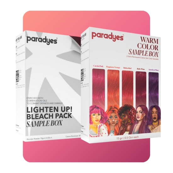 Paradyes Lighten Up! Bleach Pack + Warm Hair Color Sample Box - Vibrant Hair Transformation Paradyes Lighten Up! Bleach Pack + Warm Hair Color Sample Box - Vibrant Hair Transformation