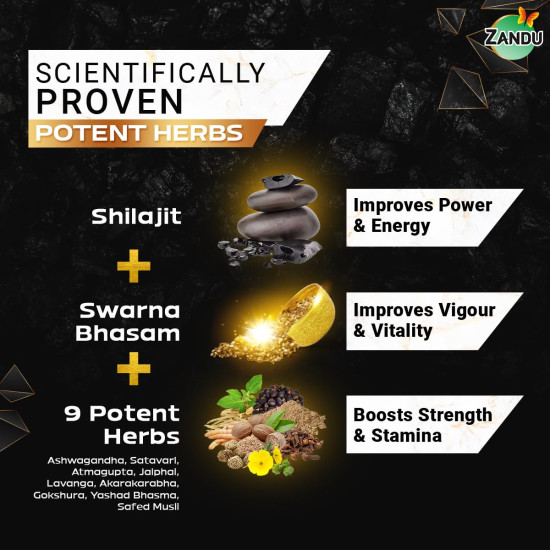 Zandu Shilajit Gold Plus| | 100% Pure Himalayan Shilajit + 24K Gold + 9 powerful herbs | Enhances strength, stamina, vigour, vitality and power | Scientifically tested advanced formula | 60 Caps