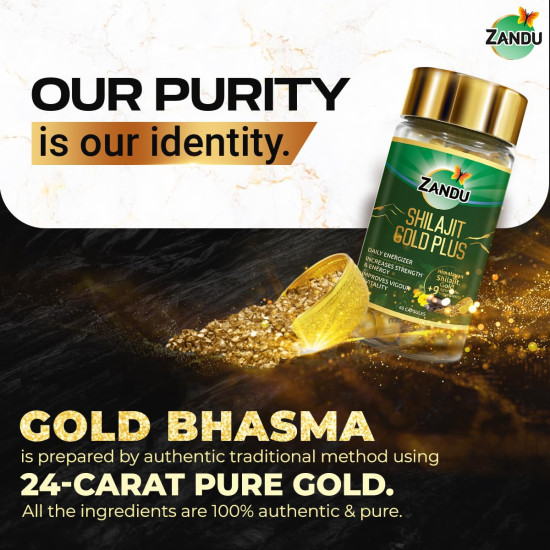 Zandu Shilajit Gold Plus| | 100% Pure Himalayan Shilajit + 24K Gold + 9 powerful herbs | Enhances strength, stamina, vigour, vitality and power | Scientifically tested advanced formula | 60 Caps