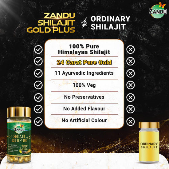 Zandu Shilajit Gold Plus| | 100% Pure Himalayan Shilajit + 24K Gold + 9 powerful herbs | Enhances strength, stamina, vigour, vitality and power | Scientifically tested advanced formula | 60 Caps