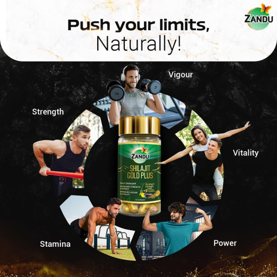 Zandu Shilajit Gold Plus| | 100% Pure Himalayan Shilajit + 24K Gold + 9 powerful herbs | Enhances strength, stamina, vigour, vitality and power | Scientifically tested advanced formula | 60 Caps