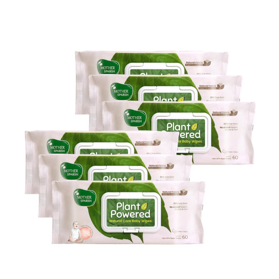 Mother Sparsh Natural Care Baby Wipes 60 Pcs (Pack of 6) - 100% Plant-Based Fabric