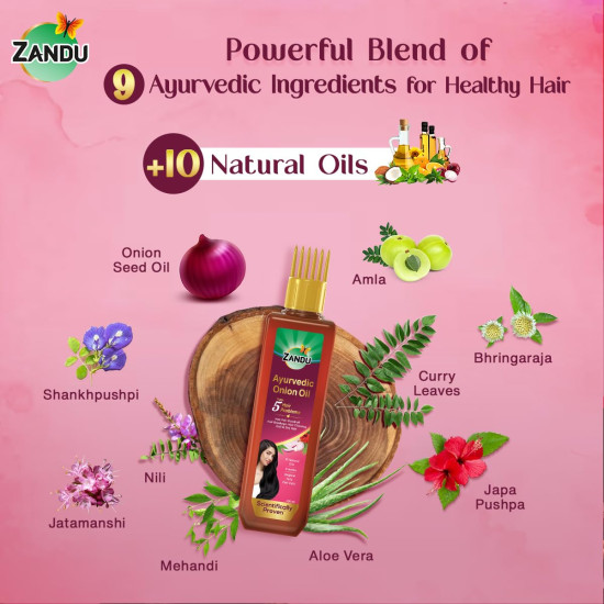 Zandu Ayurvedic Onion Oil (200ml): Power of Onions for Strong & Smooth hair | 9 Herbs & 10 Natural Oils | Helps reduce Hair Thinning & Hair Breakage | Improves Hair Quality | Controls Dandruff